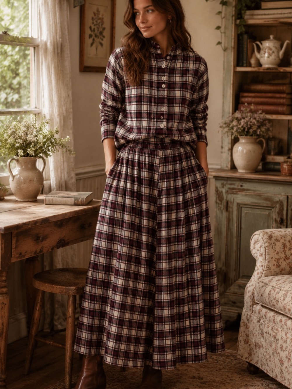 Flannel maxi skort/button down shirt Made in Italy M/L cottage core western